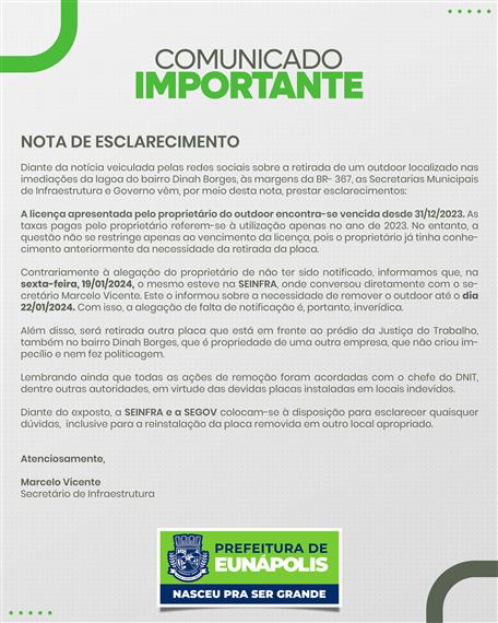 Secretaria de Infraestrutura intensifica fiscalização e remoção de outdoors irregulares em Eunápolis