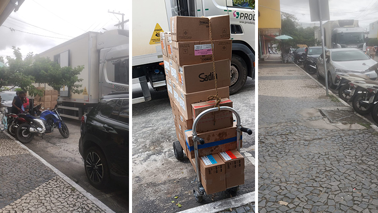 SEM FISCALIZAÇÃO, CARRETA EM FILA DUPLA DESCARREGA PRODUTOS NA 5 DE NOVEMBRO